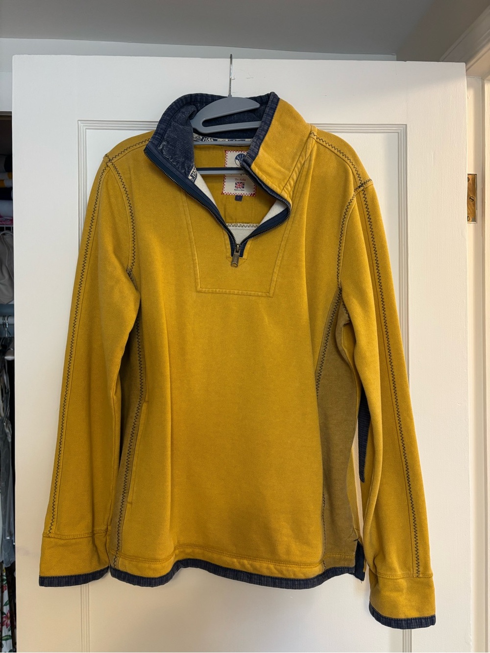 Fat Face Airlie Men's Mustard Yellow Zip-Neck Sweater with Navy Trim